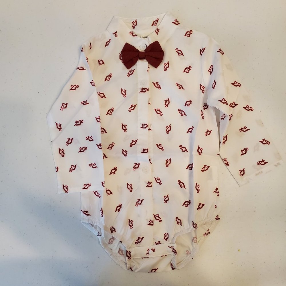 SHEIN Baby Red Dinosaur Print Bow Front Bodysuit And Suspender Pants - Picture 3 of 7